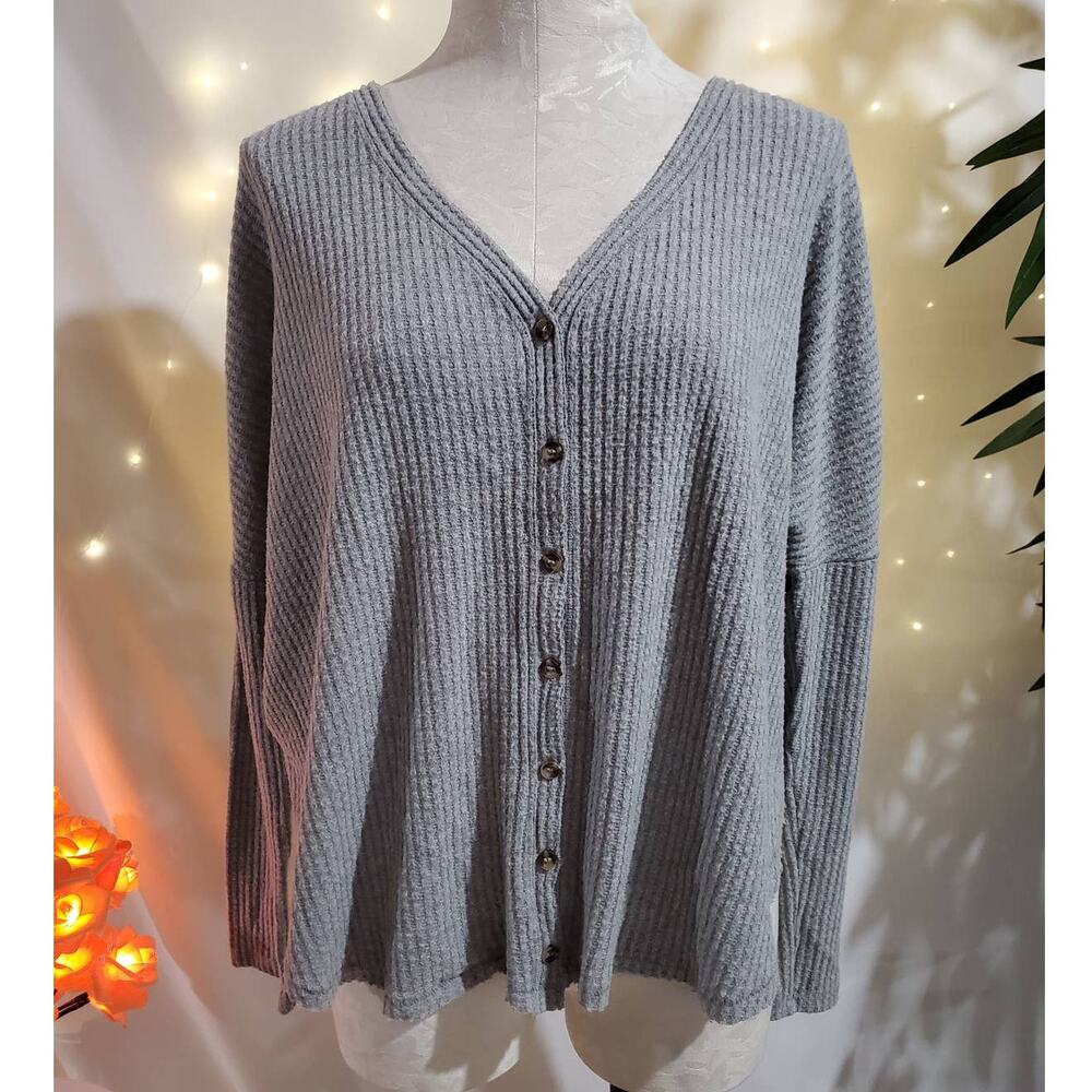 Out from Under UO Jojo Oversized Gray Thermal Button Front Top Womens Size S